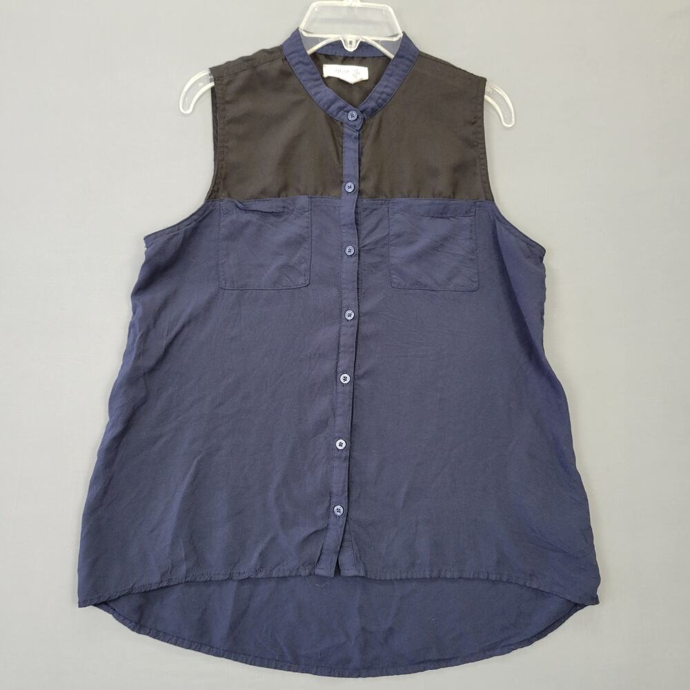 Aeropostale Blue Black Sleeveless Blouse Button Up Sheer Tank Women's Size L Top